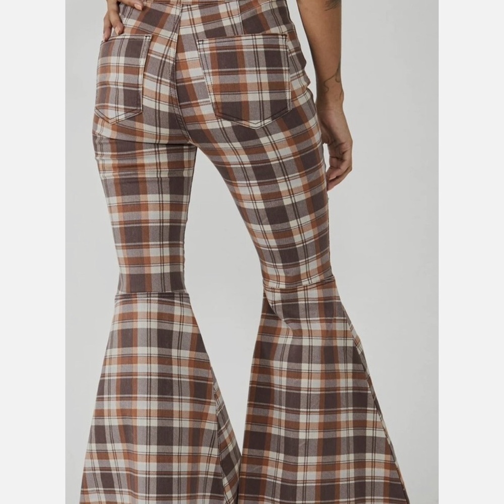 Free People Just Float On Flare Stretch Brown Plaid Jeans Bell Bottom Size 25
